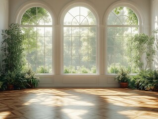 Fototapeta premium Elegant Modern Minimalist Room with Arch Windows and Lush Nature View