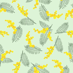 Spring seamless pattern with mimosa flowers on green background. Great for fabrics, especially for linens, wrapping papers, wallpapers, covers.