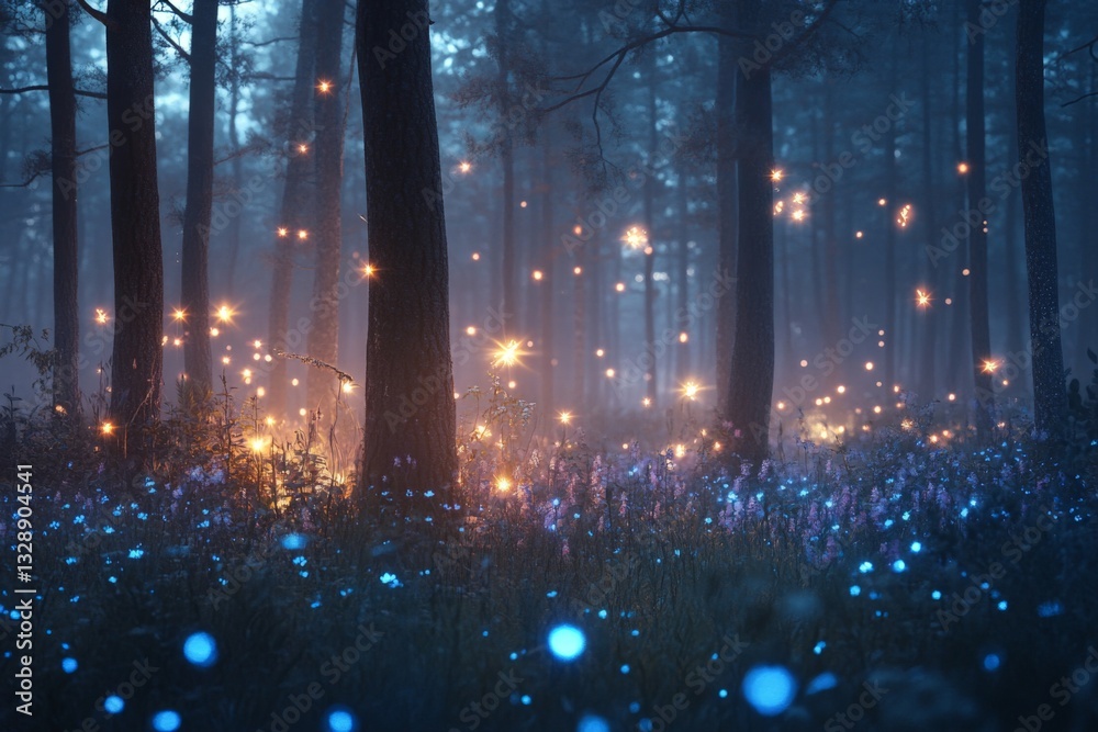 Poster enchanted forest illuminated by glowing lights at twilight creates a magical atmosphere