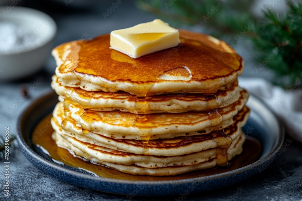 Poster delicious stack of fluffy pancakes topped with butter and syrup served in a cozy kitchen setting