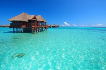 Vibrant tropical overwater bungalows in crystal clear water under a sunny sky