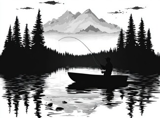 Fishing Silhouette Fisherman Boat Lake Pines Mountains Adventure