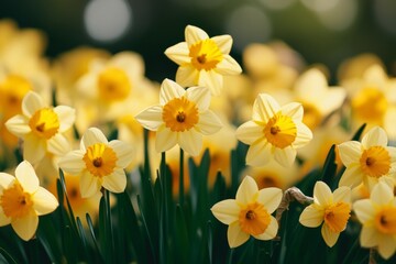 Brightly blooming yellow daffodils create a cheerful display in a sunny garden during springtime