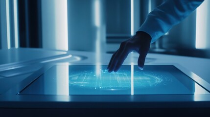 A person using a holographic interface for data analysis in a futuristic office, clean and minimalist environment, High-tech style