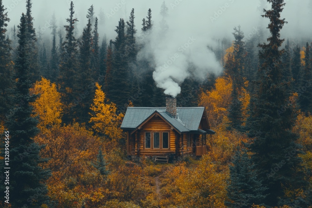 Aufkleber cozy log cabin surrounded by autumn foliage in a misty forest setting