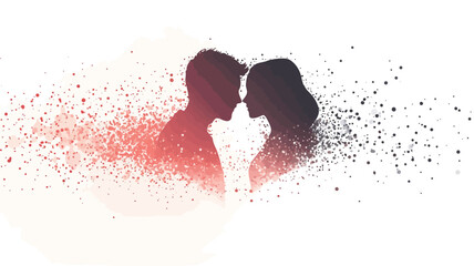 The image features two dark silhouettes of a man and a woman facing each other, their heads close together.  They are partially obscured and appear to be dissolving or disintegrating into a cloud