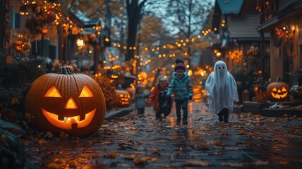 A festive Halloween scene with children in costumes walking through a decorated street filled with glowing pumpkins and autumn leaves.