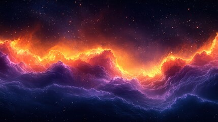 Abstract Cosmic Landscape with Vibrant Orange and Purple Swirls Floating in Starry Space