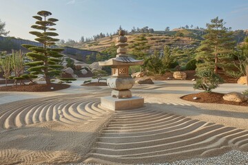 Serene Japanese garden featuring a stone lantern, meticulously raked sand, and lush greenery