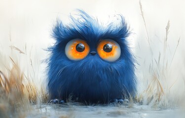 Fototapeta premium Cheerful furry monster character with playful expression and bright blue color looking at the camera