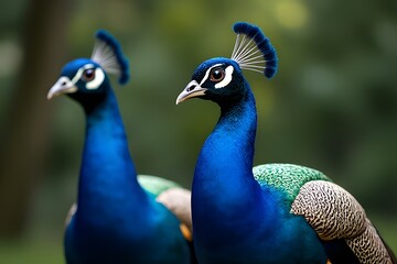 Fototapeta premium Elegant Peacocks with Vibrant Blue Plumage and Regal Crests in Nature