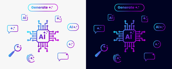 Artificial intelligence icons Ai, brain, tech chip
