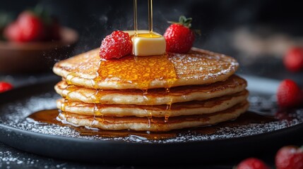 Delicious Buttery Pancakes Stack with Syrup Strawberries and Powdered Sugar