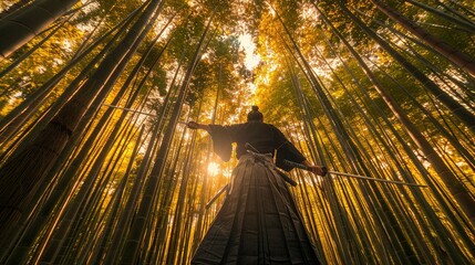 Warrior in traditional attire stands poised with swords in a serene bamboo forest at sunset