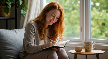A red-haired woman smiles as she writes in her journal by the window, enjoying a calming morning.