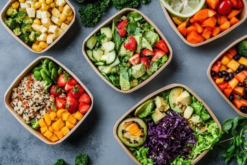 Fresh poke bowls, Buddha bowls, and salad in eco-friendly disposable paper containers
