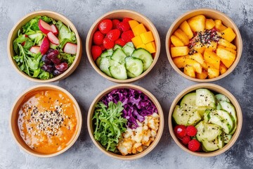 Eco-friendly paper containers hold fresh healthy food like salad, soup, poke bowls, and fruits