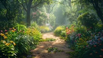 A serene forest pathway adorned with vibrant flowers, illuminated by soft sunlight and surrounded by lush greenery