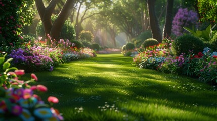 Serene garden pathway surrounded by vibrant flowers and lush greenery, evoking tranquility and nature