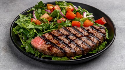Grilled steak served with a fresh green salad