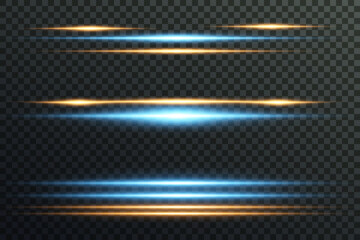 Glowing stripes of light. Horizontal blue and yellow rays. On a transparent background.