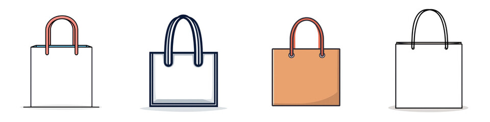 A collection of modern minimalist shopping bags in white navy blue orange and black with simple designs and handles suitable for retail fashion and commercial use