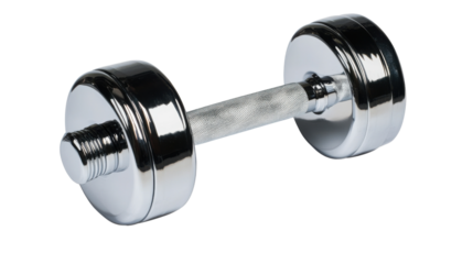 "A shiny chrome dumbbell with a smooth, polished surface and black rubberized weight plates, isolated on a transparent background. 