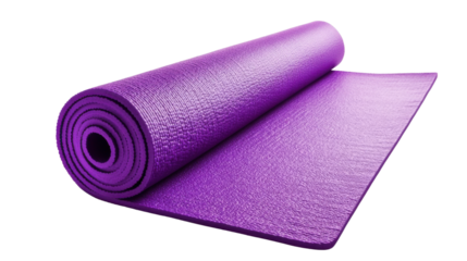"A vibrant purple yoga mat with a smooth, textured surface, isolated on a transparent background. The mat is unrolled, showcasing its durable design and non-slip surface, perfect for yoga or exercise.