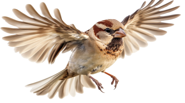 "A close-up of a sparrow in flight with wings spread wide, showcasing its brown and tan plumage, isolated on a transparent background. 