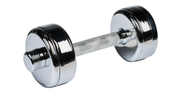 "A shiny chrome dumbbell with a smooth, polished surface and black rubberized weight plates, isolated on a transparent background. 