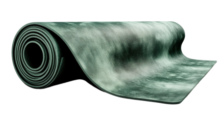 "A rolled-up yoga mat with a rich green color and a subtle texture, isolated on a transparent background. The mat is tightly coiled, with the ends visible 