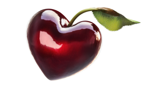 Close-up of a heart-shaped cherry, with a shiny deep red surface, fresh green stem, and a vivid green leaf, isolated on a transparent background, emphasizing its ripe, juicy - Powered by Adobe