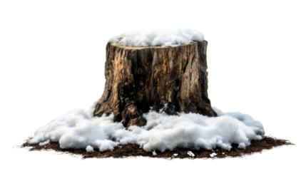 "An old tree stump with snow clinging to its cracks and crevices, isolated on transparent background, evoking a sense of cold, quiet beauty