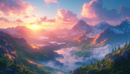 Surreal Mountain Landscape at Dawn with Misty Valley and Stunning Sky Gradients