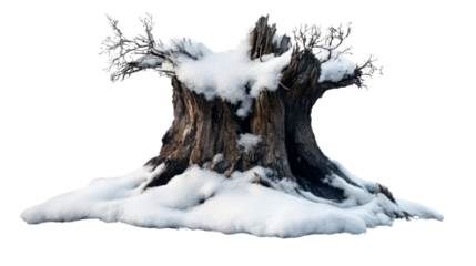 "An old tree stump with snow clinging to its cracks and crevices, isolated on transparent background, evoking a sense of cold, quiet beauty