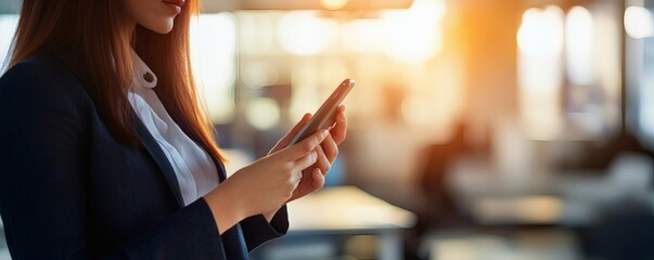 Woman in professional attire looking at her mobile phone