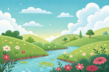 Fototapeta premium A serene landscape with a winding river, rolling hills, lush greenery, and colorful flowers under a vibrant sky