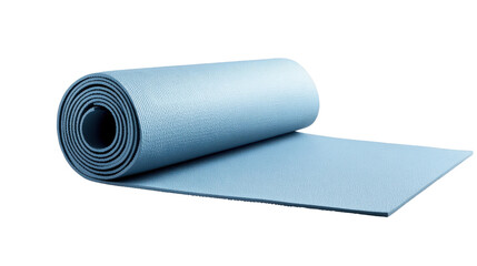 "A soft, light blue yoga mat with a thick, cushioned texture, isolated on a transparent background. The mat is evenly rolled, highlighting 