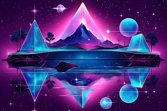 Synthwave Mountain Reflection, Cosmic Landscape
