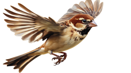 A close-up of a sparrow in flight with wings spread wide, showcasing its brown and tan plumage, isolated on a transparent background. 