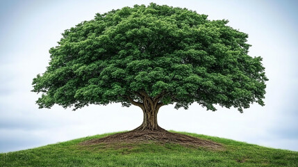 large green tree with thick trunk stands on grassy hill, symbolizing nature beauty