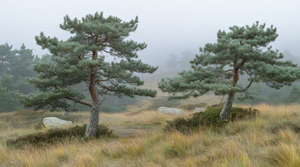 Obraz premium Misty landscape with two pine trees in grassy field