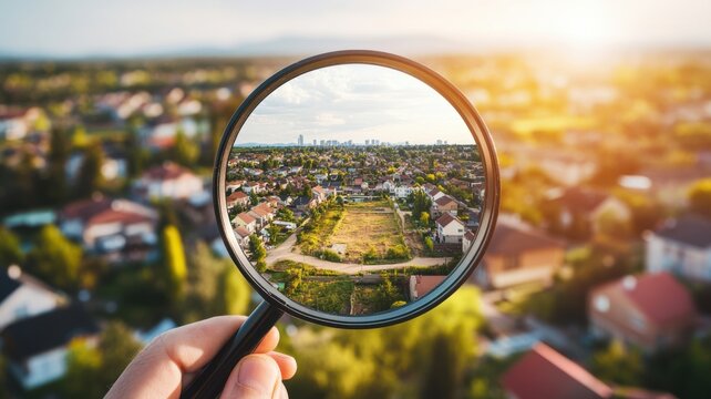 Magnifying glass highlighting undeveloped land in suburban area, real estate focus. Searching vacant land for development