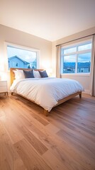 Luxurious bedroom featuring a comfortable bed and spacious window allowing soft evening light to fill the room