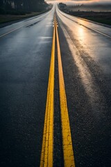 Asphalt road top view with two yellow dividing lines