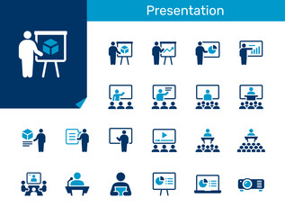 Presentation flat icon collection for seminar, lecture, meeting and business communication concept