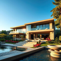 Modern luxury villa exterior with big swimming pool