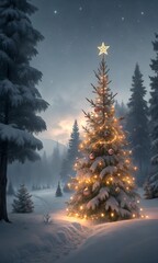 Glittering Christmas tree in a snowy winter forest