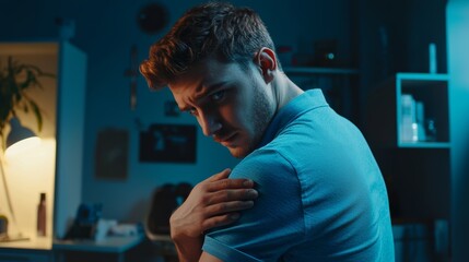 Physiotherapist assisting young man with shoulder pain home setting image capture evening light therapeutic care