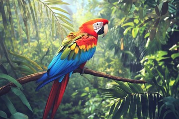Obraz premium A lush rainforest filled with macaws, parrots, and wildlife, showcasing natures beauty through AI art